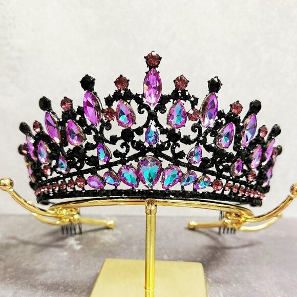 Purple Crystal Tiara, Black comb tiara, vintage crown, Prom hair jewelry main image 9